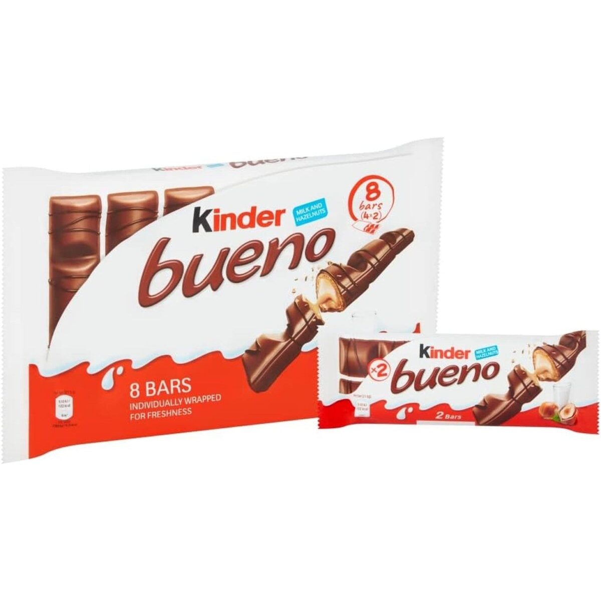 Kinder Bueno Wafer Twin Bars, Chocolate Gift Pack, Milk Chocolate Covered Wafer with Smooth Milky and Hazelnut Filling, Pack of 4 X 2