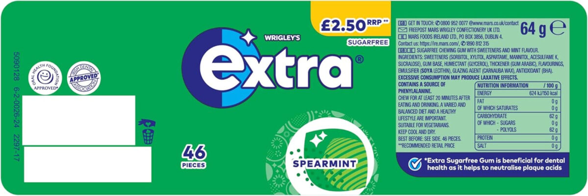 Extra Spearmint Sugarfree Chewing Gum Bottle 46 Pieces