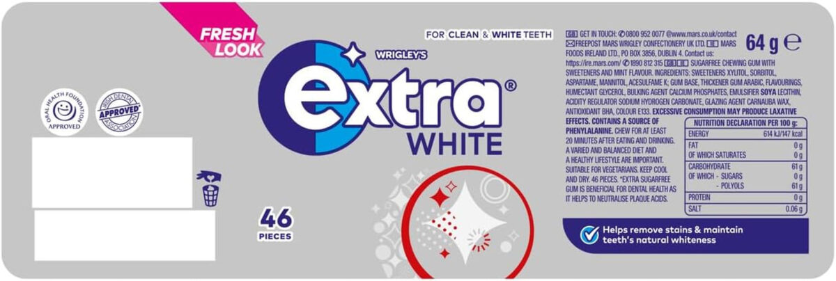Extra White Chewing Gum, Sugar Free, 46 Pieces