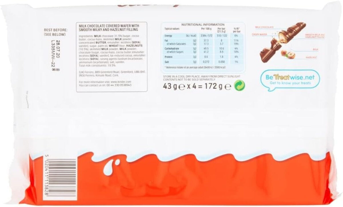 Kinder Bueno Wafer Twin Bars, Chocolate Gift Pack, Milk Chocolate Covered Wafer with Smooth Milky and Hazelnut Filling, Pack of 4 X 2