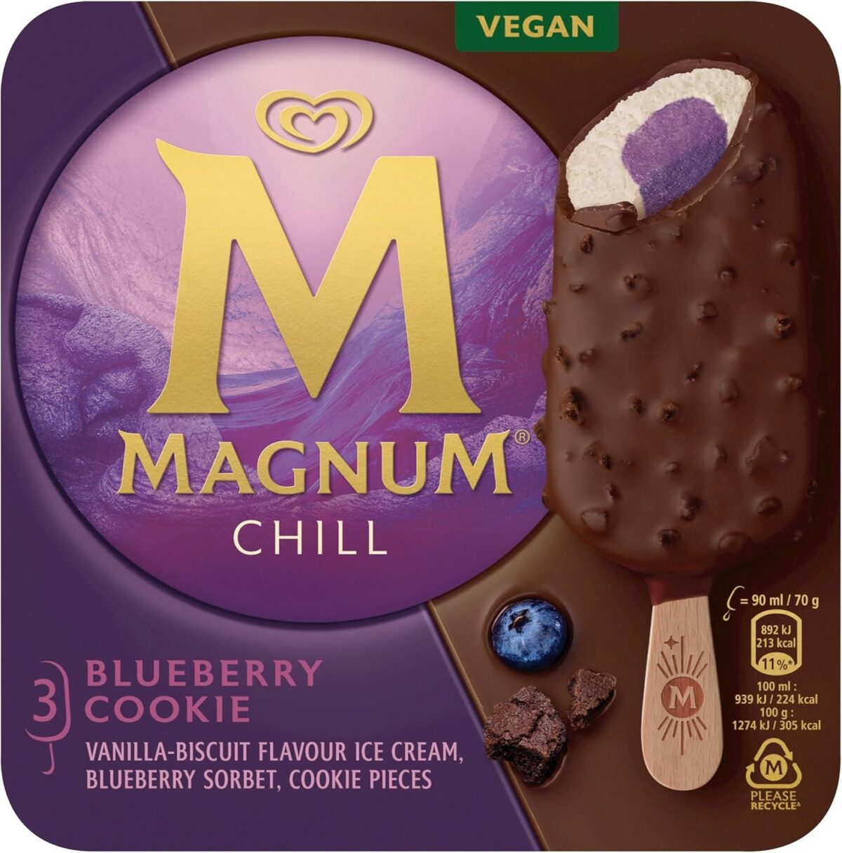 Magnum Chill Blueberry Cookie with Chocolate Made from Rainforest Alliance Certified Cocoa Ice Cream Sticks Crafted with Vegan Biscuit & Vanilla Ice Cream, Blueberry Sorbet and Cookie Pieces 3X 90 Ml