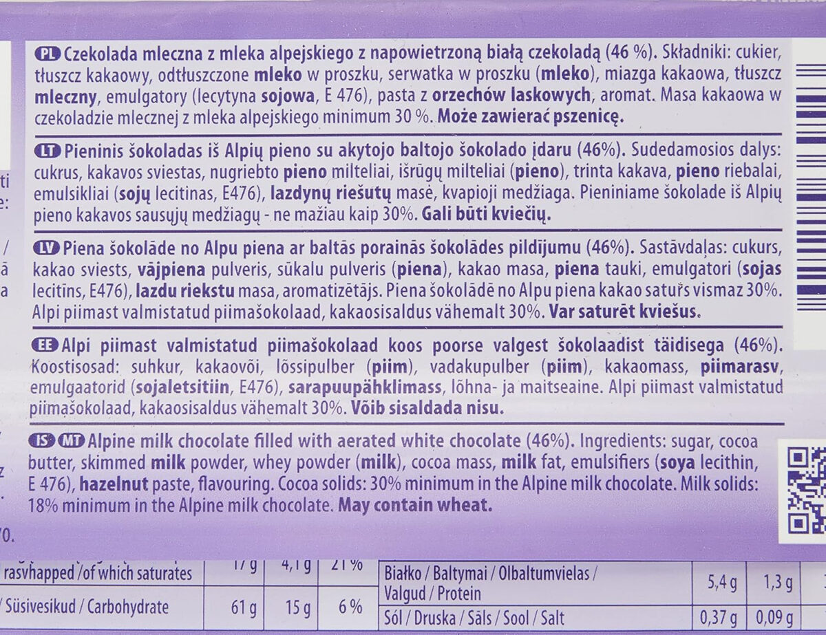 Milka Bubbly Chocolate Bar, White Chocolate Bubbly Texture with Milk Chocolate Coating, 95G