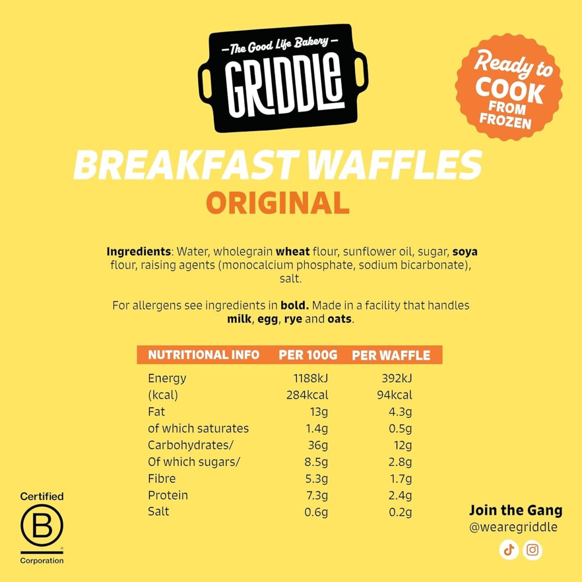 Griddle Original Wholegrain Waffles, 6 X 32G (Frozen)