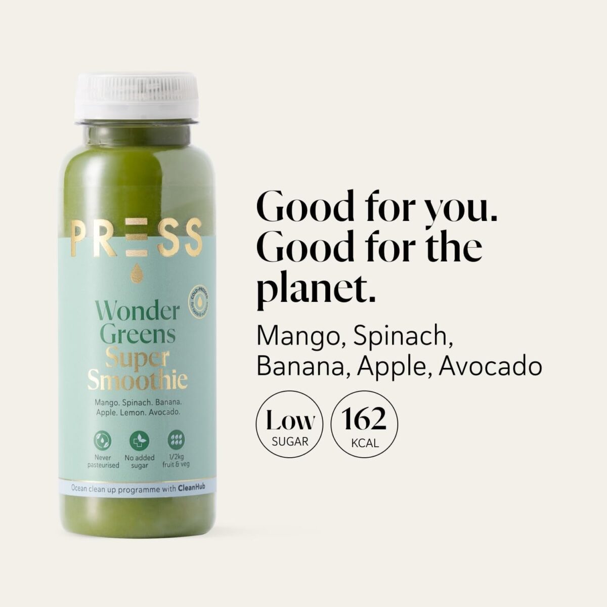 PRESS Healthfoods Wonder Greens Super Smoothie, Raw Cold Pressed Smoothie Containing Mango, Avocado, Banana, Spinach - 250Ml