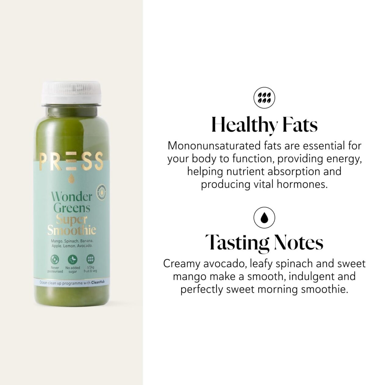 PRESS Healthfoods Wonder Greens Super Smoothie, Raw Cold Pressed Smoothie Containing Mango, Avocado, Banana, Spinach - 250Ml