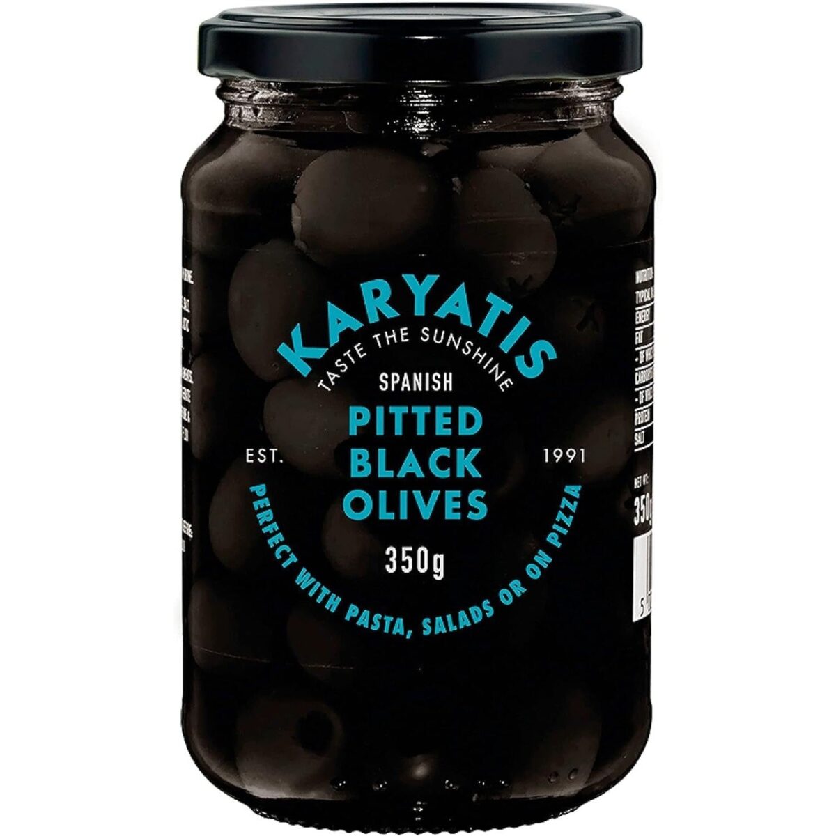Karyatis Spanish Black Pitted Olives, Glass Jar, 350 G , Pack of 1
