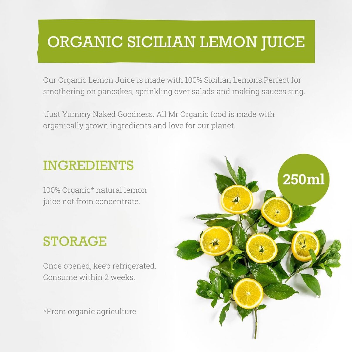 Mr Organic - Sicilian Lemon Juice - 100% Pure and Organic Juice, 250Ml Bottle - Perfect for Cooking, Baking, and Adding Zesty Flavour to Your Recipes