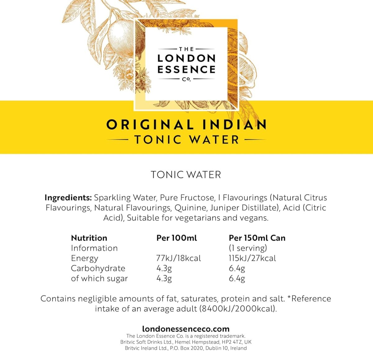 London Essence, Original Indian Tonic, Premium Cocktail Mixer, 150Ml, Pack of 6 Cans, No Artificial Colours Preservatives or Flavours, Low Calorie
