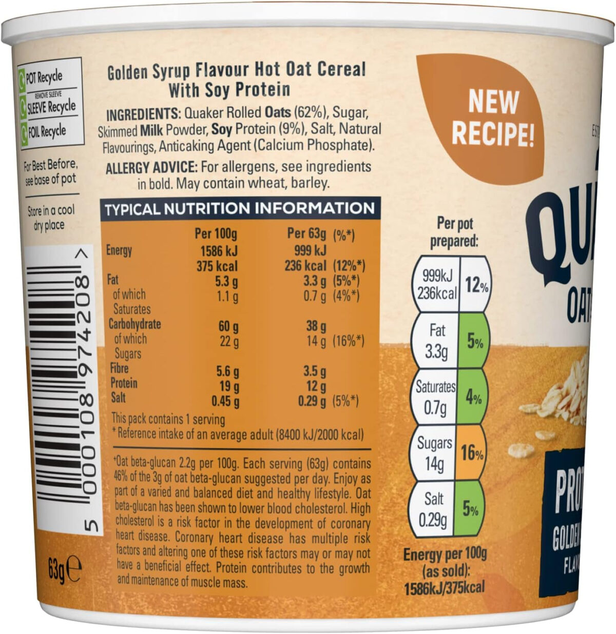Quaker Oats Protein Pot Golden Syrup, 63G