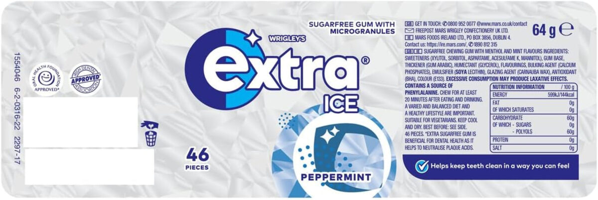 Extra Chewing Gum, Sugar Free, Ice Peppermint Flavour, Chewing Gum 46 Pieces, 64G