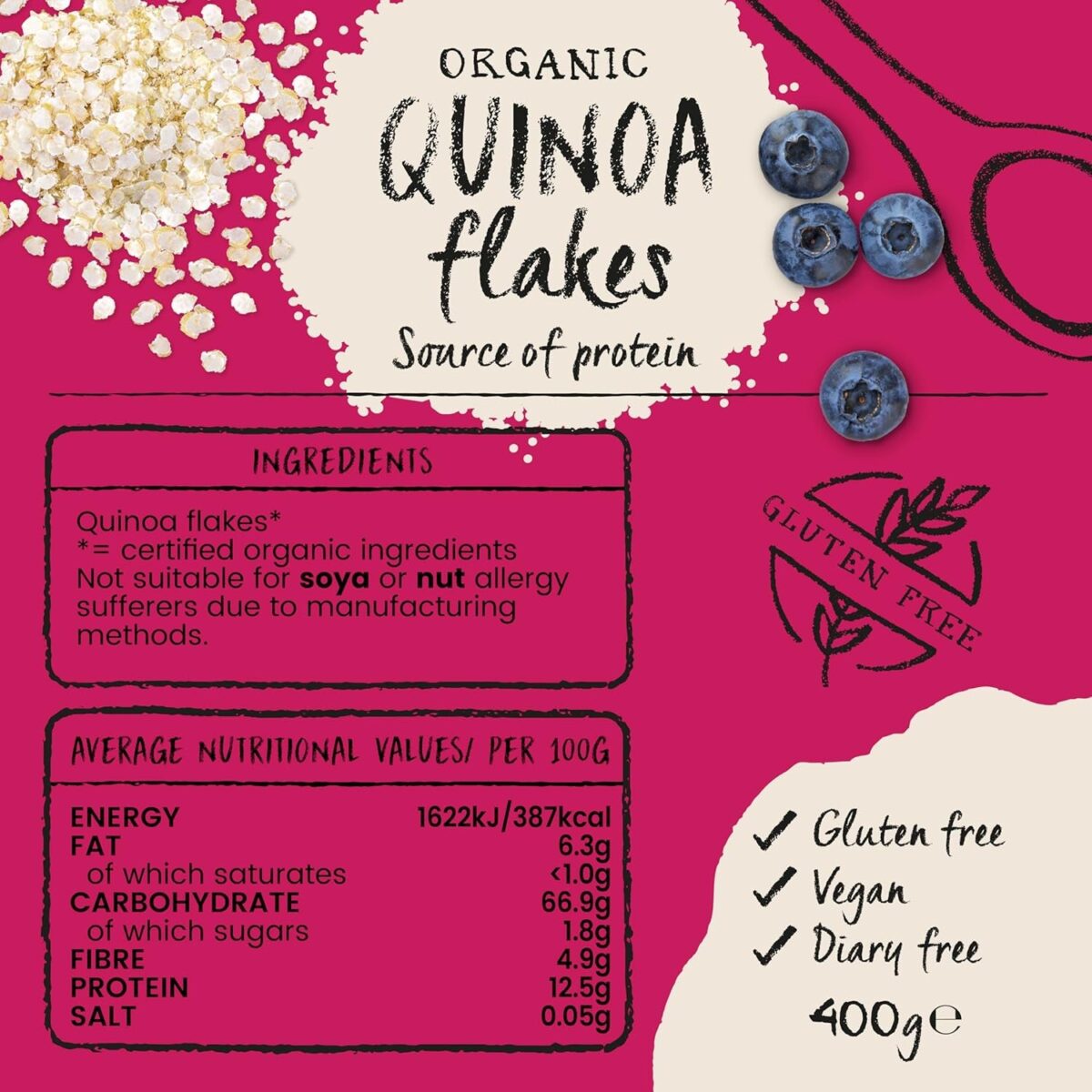 Amisa Organic Gluten-Free Quinoa Flakes, 400G - Certified Gluten Free & Suitable for Vegans - Source of Protein - Ideal for Healthy Breakfast Cereal