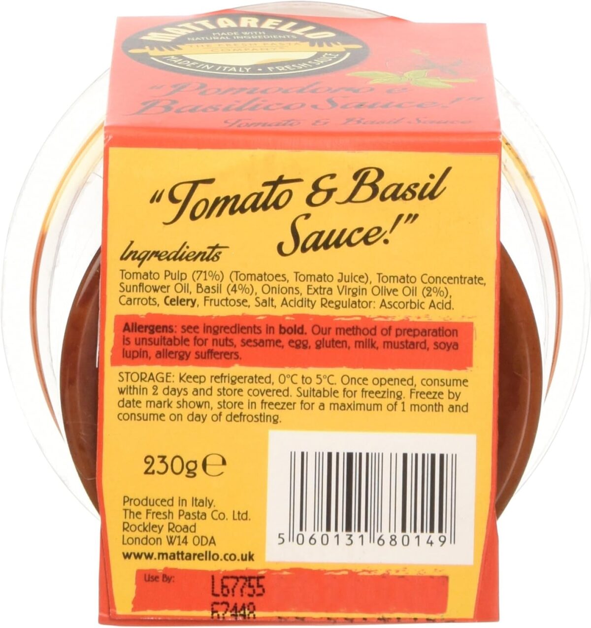 Mattarello by the Fresh Pasta Company Pomodoro and Basilico Sauce 230 G