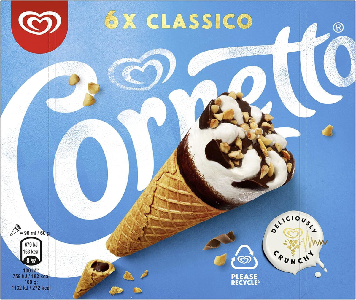 Cornetto Classico Ice Cream Cone with a Legendary Chocolate Tip Chocolate and Vanilla Flavour Treat 6 X 90 Ml