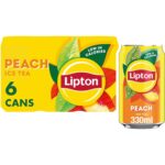 Lipton​ Peach Ice Tea Can 300 Ml​ (Pack of 6), Low Calorie​ Soft Drink​, 100% Black Tea Extract​
