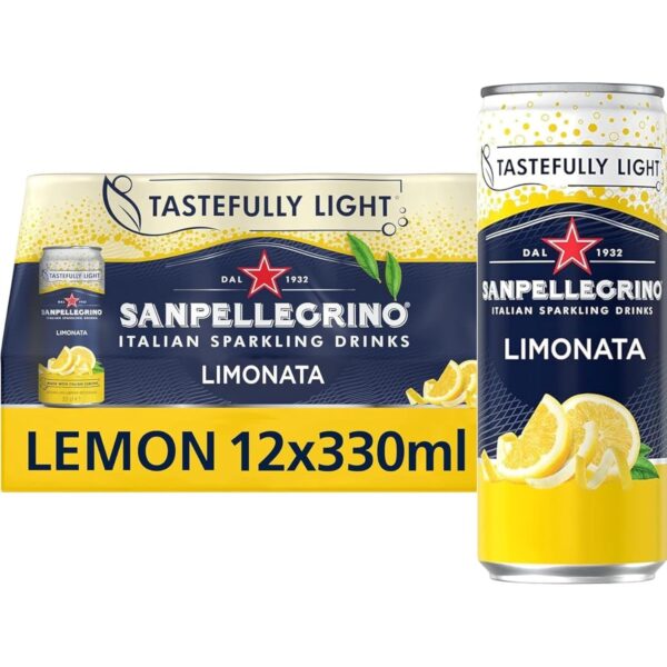 San Pellegrino Italian Sparkling Drinks Tastefully Light Sparkling Lemon Canned Soft Drink 12 X 330Ml | 73K Cals per Can