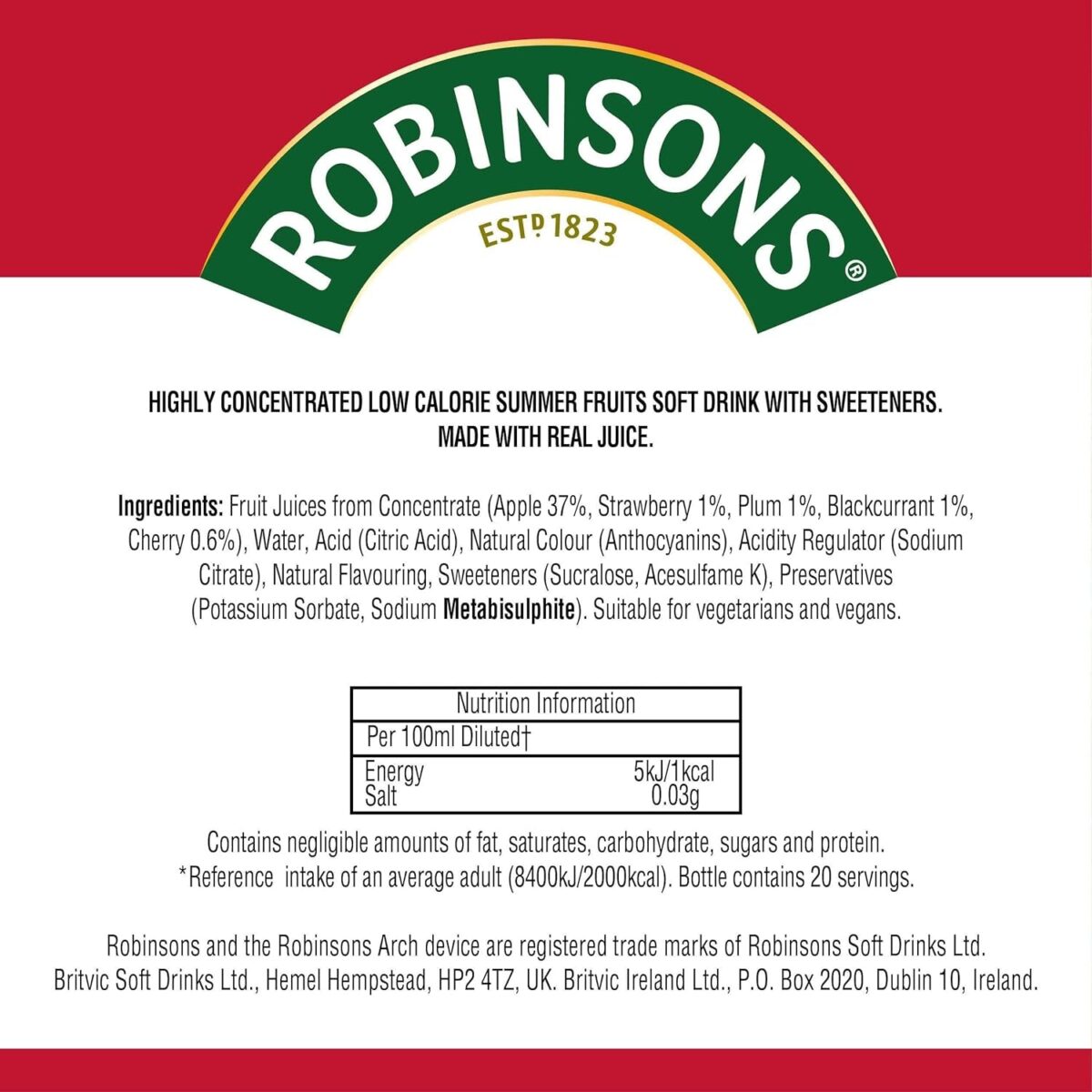 Robinsons Mini - No Added Sugar - Low Calorie - Summer Fruits - Makes 20 Drinks per Pack