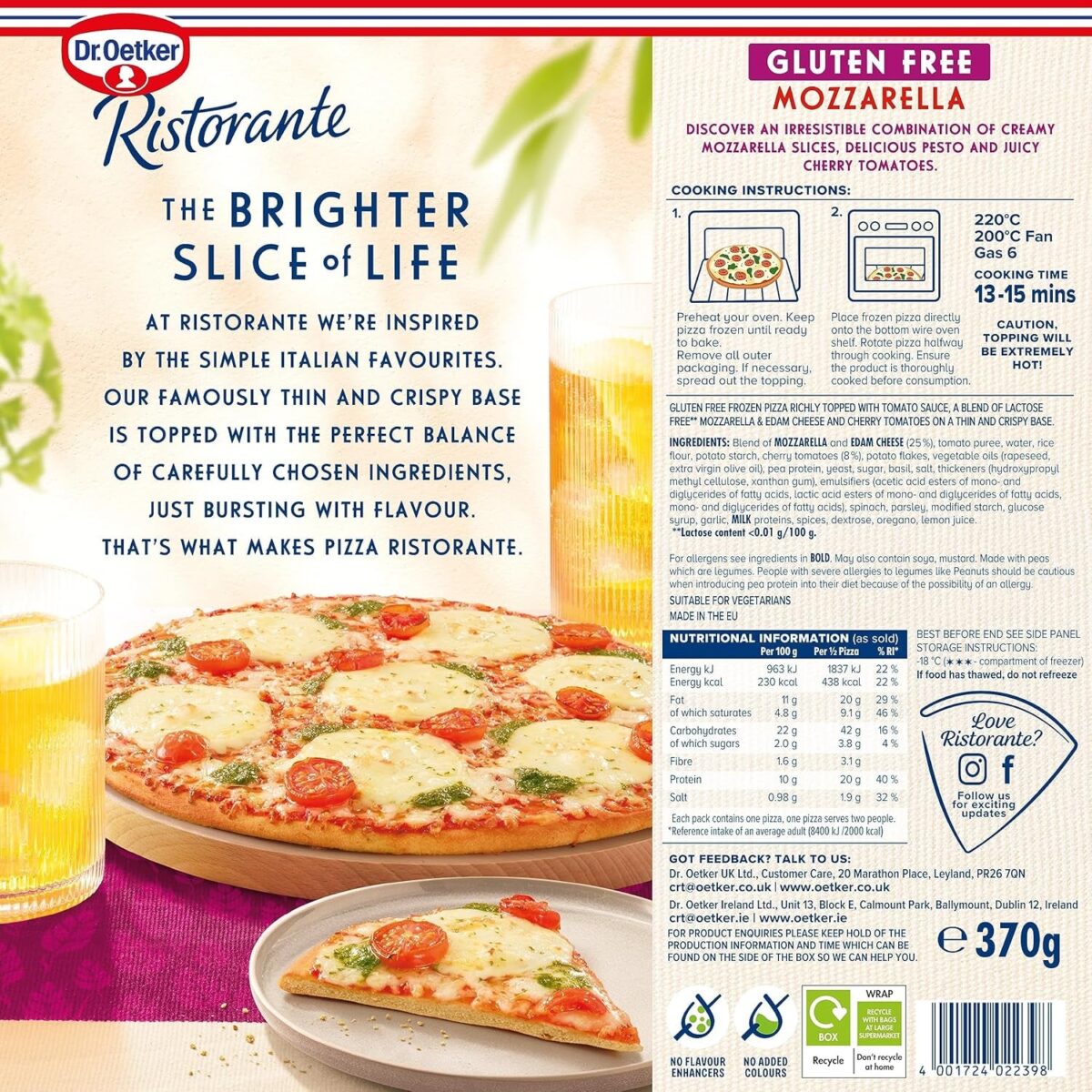 Dr. Oetker Ristorante Gluten Free and Lactose Free Mozzarella Cheese Pizza, 370 G (Frozen) - Packaging May Vary