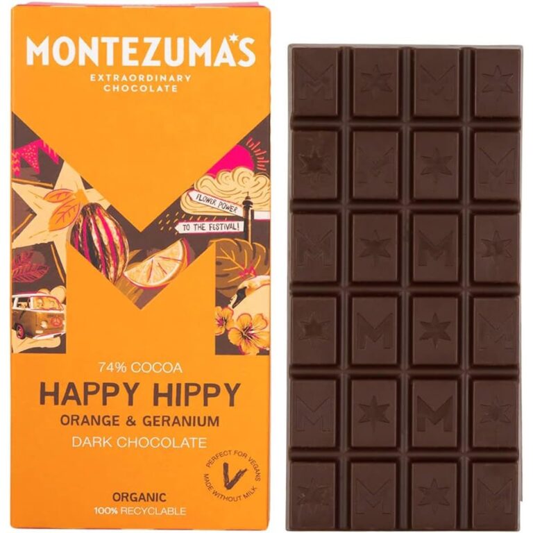 Montezuma'S Happy Hippy, 74% Cocoa, Dark Chocolate with Orange & Geranium, Gluten Free, Naturally Vegan & Organic, 90G Bar