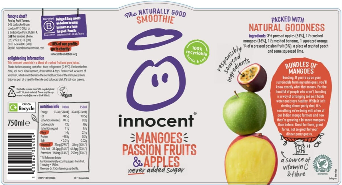 Innocent Mangoes, Passion Fruits & Apples Smoothie 750Ml